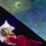 Painting of a woman lying in bed under the moon in the night sky