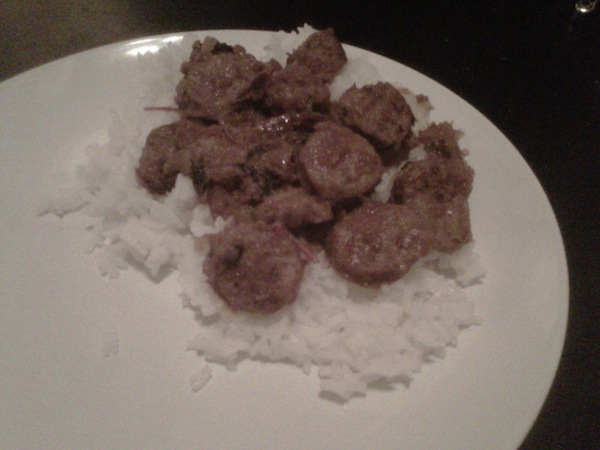 White rice, sausage and tomato sauce, a "pretty good" but not "ideal" meal