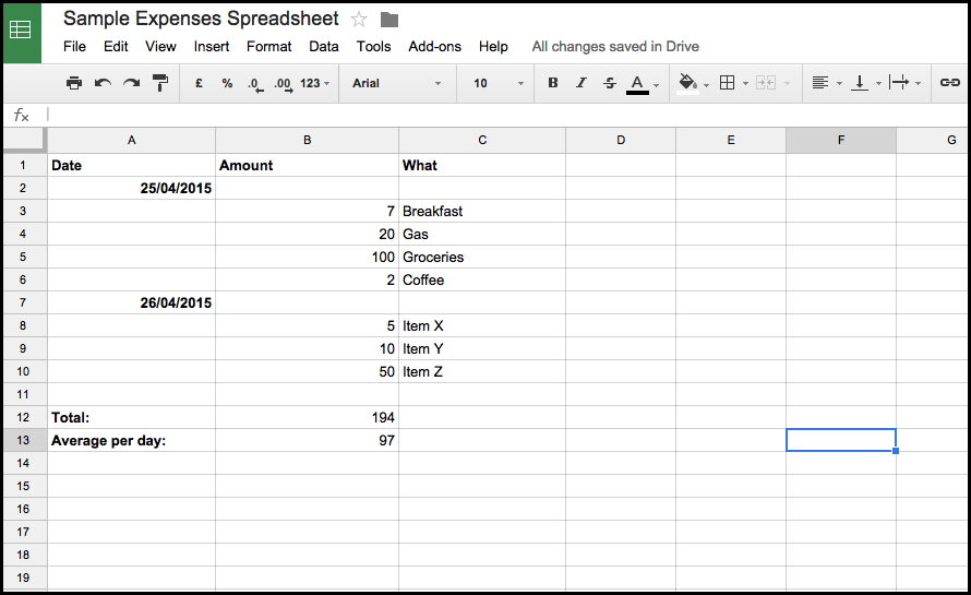 Sample expense tracking spreadsheet
