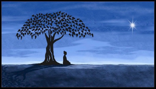 Buddha sitting meditating beneath the Bodhi tree at night with the moon in the sky