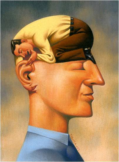 Painting of the mind whispering in a man's ear