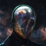 Man with the universe and cosmos reflected in his space mask