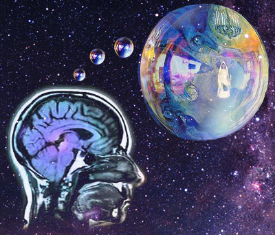 A brain inside a head thinking of a bubble to represent the subjectivity of consciousness