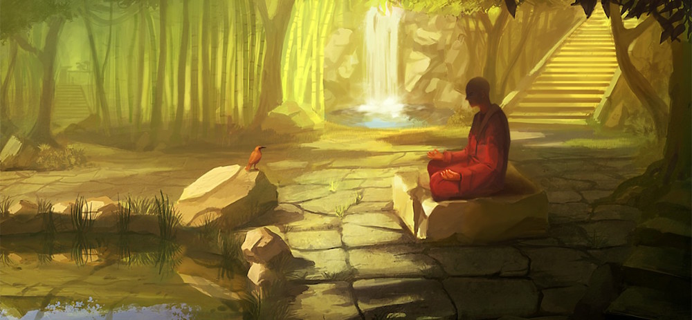 Artwork image of a monk wearing orange robes meditating overlooking a pond with a bird and waterfall in the background