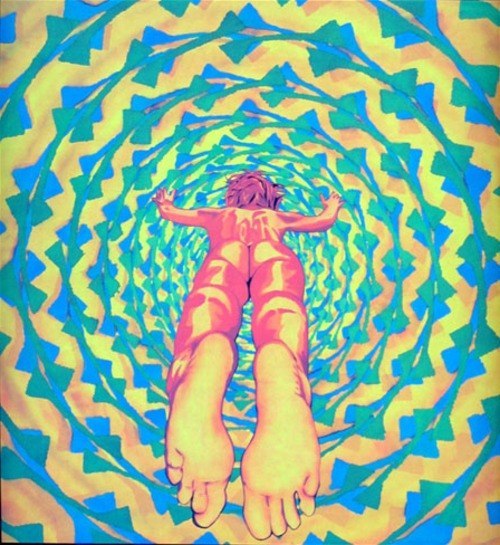 Art depicting a naked man diving into a psychedelic pool of colours