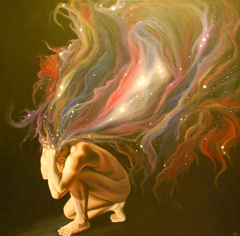 Artwork of a man crouched down with a colourful spirit or soul emerging out of him