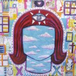 Artwork showing a woman with a sky in the place of her face and a third eye to represent consciousness and its contents