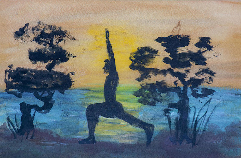 Painting of a man doing yoga outside in the morning by Donna Walsh
