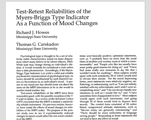 Test-Retest Reliability of the Myers-Briggs Type Indicator as a Function of Mood Changes