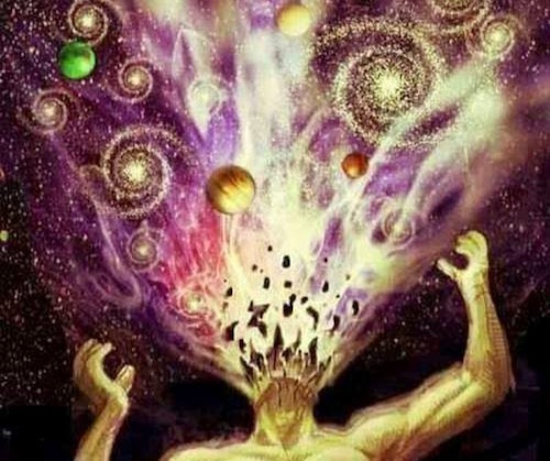 A man's head exploding with wonder into the universe to illustrate the feeling of a psychedelic experience