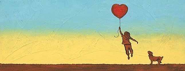 Little girl being taken away by a heart shaped balloon (following her heart)