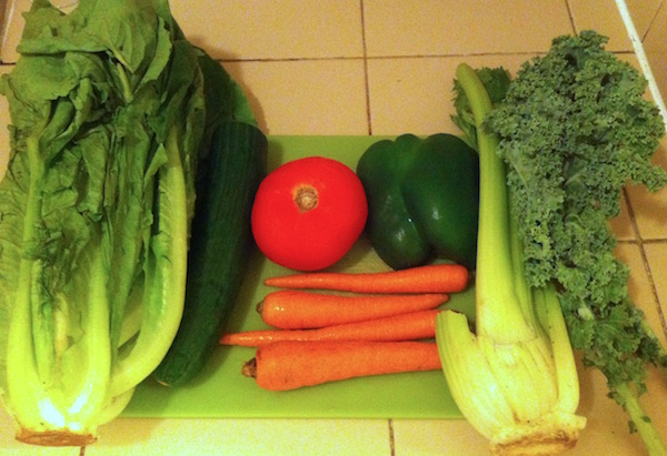 Salad vegetables lettuce, cucumber, tomato, carrots, kale, green pepper, and celery