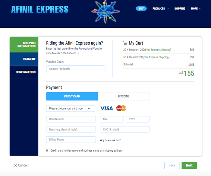 Afinil express bitcoin address