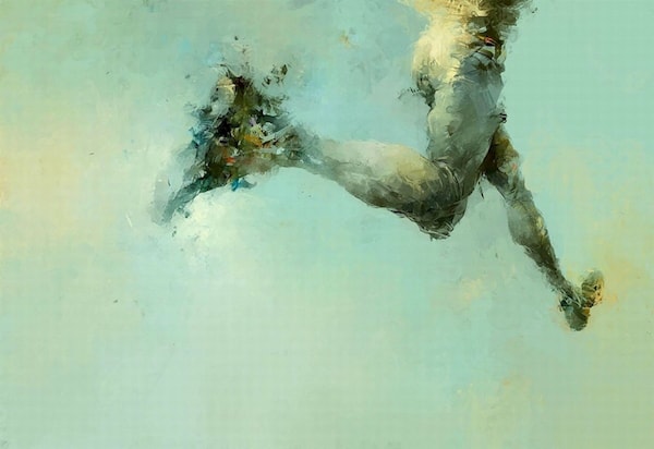 Watercolour painting of legs of man running on green background