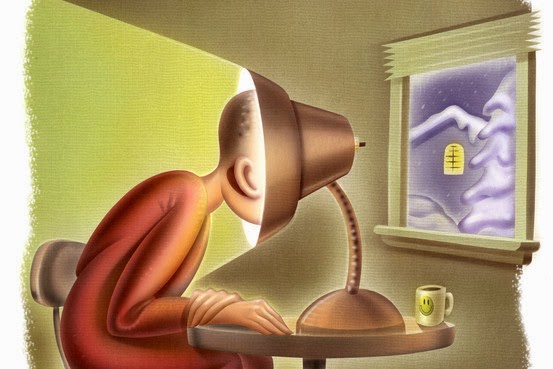 Cartoon image of a man with his face in a lamp while the weather is cold, dark and snowy outside