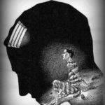 Image of a prisoner inside his own head looking up through the bars