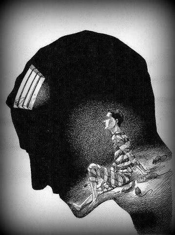 Image of a prisoner inside his own head looking up through the bars