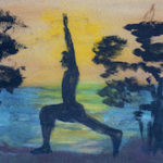 Painting of a man doing Warrior One yoga pose with background of sunrise and trees