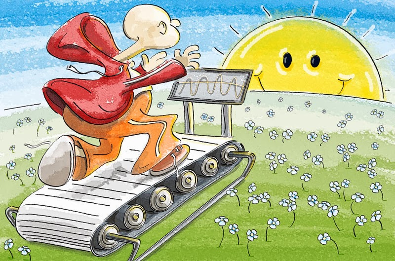 Cartoon of man running on treadmill towards the sun, representing the concept of hedonic adaptation/the hedonic treadmill