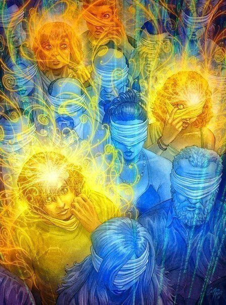 People awakening by taking off their blindfolds and turning from blue to gold