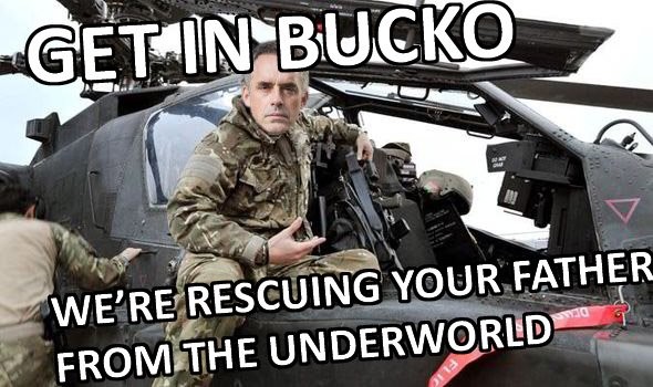 Meme depicting Jordan B. Peterson beckoning the onlooker to enter a tactical military helicopter in order to rescue their father from the underworld