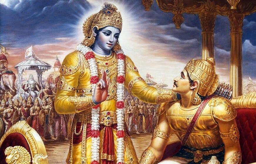 Krishna and Arjuna in the Bhagavad Gita illustrating one of the benefits of meditation